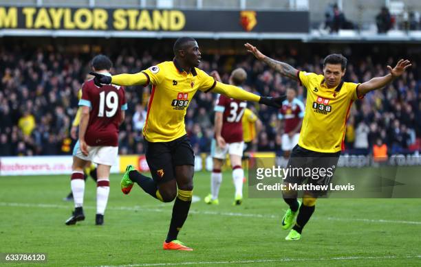 Baye Niang of Watford celebrates scoring his sides second goal during the Premier League match between Watford and Burnley at Vicarage Road on...