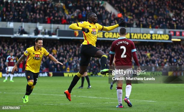 Baye Niang of Watford celebrates scoring his sides second goal during the Premier League match between Watford and Burnley at Vicarage Road on...