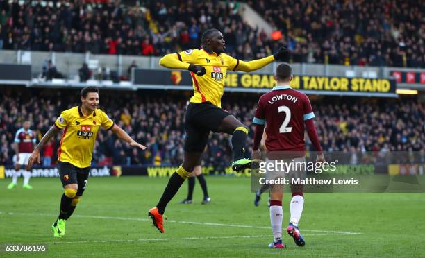 Baye Niang of Watford celebrates scoring his sides second goal during the Premier League match between Watford and Burnley at Vicarage Road on...