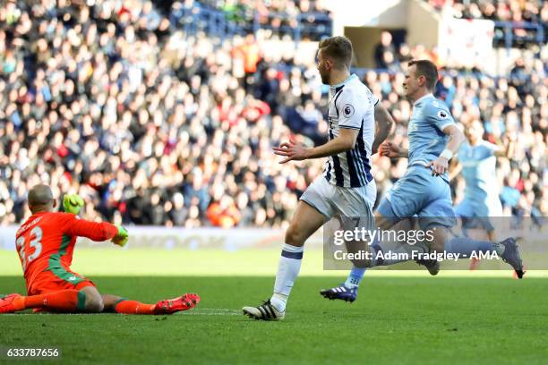 James Morrison of West Bromwich Albion scores a goal to make it 1-0 during the Premier League match between West Bromwich Albion and Stoke City at...