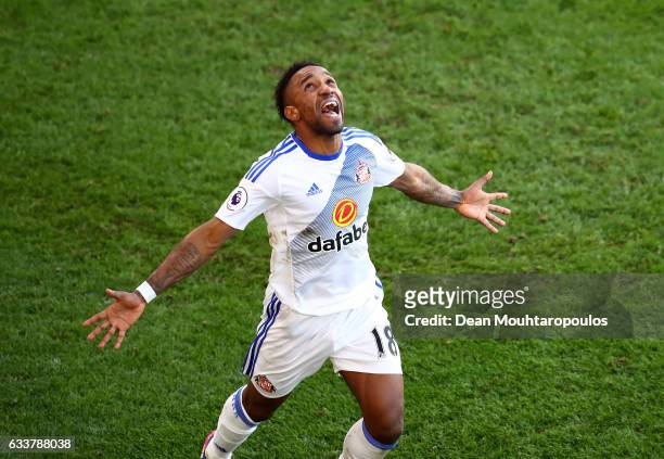 Jermain Defoe of Sunderland celebrates scoring his team's third goal during the Premier League match between Crystal Palace and Sunderland at...