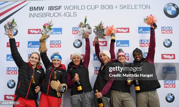 Kaillie Humohries and Melissa Lotholz of Canada, Elana Meyers Taylor and Lolo Jones of the United States and Jamie Greubel Poser and Aja Evans of the...