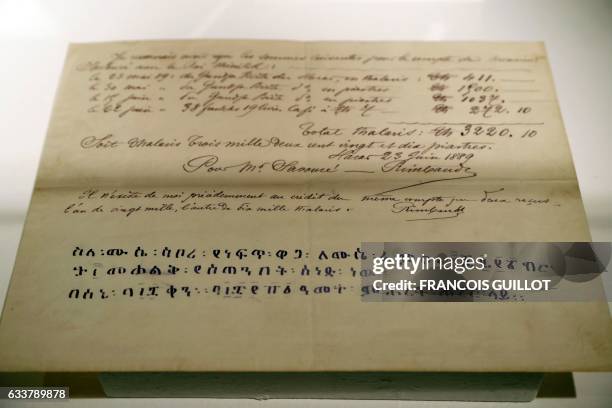 Photo taken in Paris on February 4, 2017 shows a receipt made on behalf of Ethiopian Emperor Menelik II and signed on June 23, 1889 in Harar,...