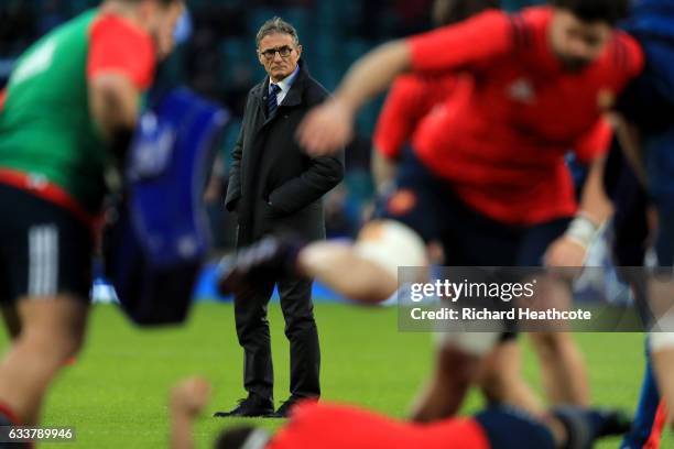 Guy Noves the head coach of France looks on prior to the RBS Six Nations match between England and France at Twickenham Stadium on February 4, 2017...