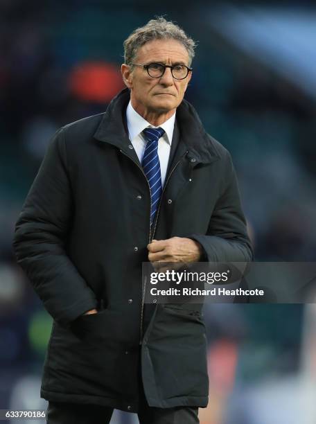 Guy Noves the head coach of France looks on prior to the RBS Six Nations match between England and France at Twickenham Stadium on February 4, 2017...