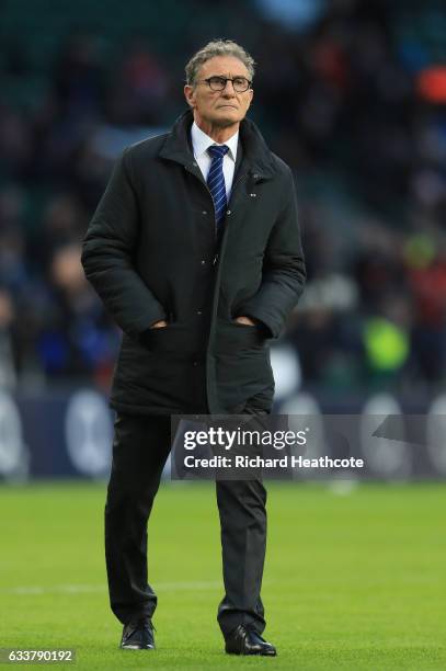 Guy Noves the head coach of France looks on prior to the RBS Six Nations match between England and France at Twickenham Stadium on February 4, 2017...