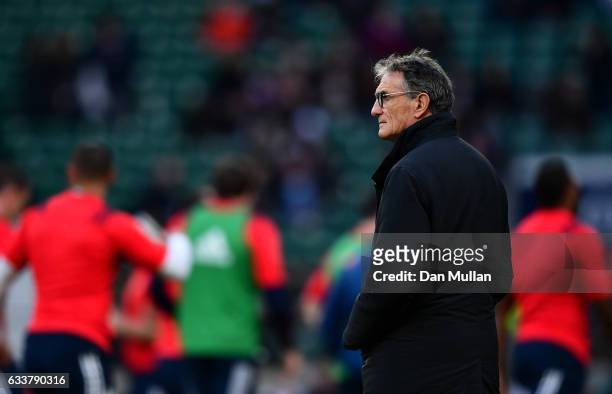 Guy Noves the head coach of France looks on prior to the RBS Six Nations match between England and France at Twickenham Stadium on February 4, 2017...