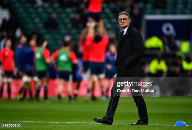 Guy Noves the head coach of France looks on prior to the RBS Six Nations match between England and France at Twickenham Stadium on February 4, 2017...