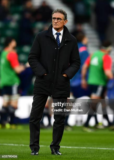 Guy Noves the head coach of France looks on prior to the RBS Six Nations match between England and France at Twickenham Stadium on February 4, 2017...