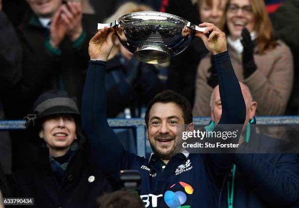 Scotland captain Greig Laidlaw lifts the quaich after the RBS Six Nations match between Scotland and Ireland at Murrayfield Stadium on February 4,...