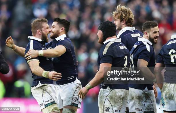 John Barclay of Scotland celebrates with Sean Maitland of Scotland at full time during the RBS 6 Nations match between Scotland and Ireland at...