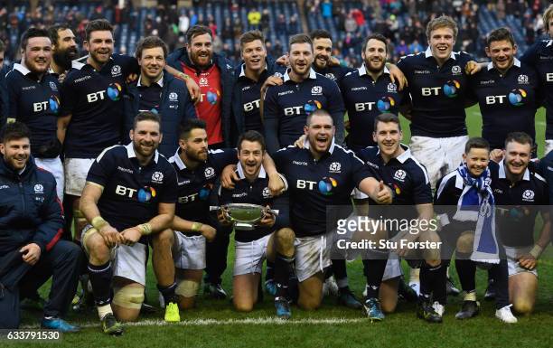 Scotland captain Greig Laidlaw and team mates celebrate after the RBS Six Nations match between Scotland and Ireland at Murrayfield Stadium on...