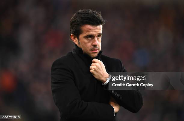 Marco Silva, Manager of Hull City looks on during the Premier League match between Hull City and Liverpool at KCOM Stadium on February 4, 2017 in...