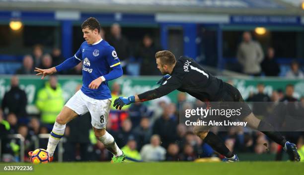 Ross Barkley of Everton scores his sides sixth goal during the Premier League match between Everton and AFC Bournemouth at Goodison Park on February...