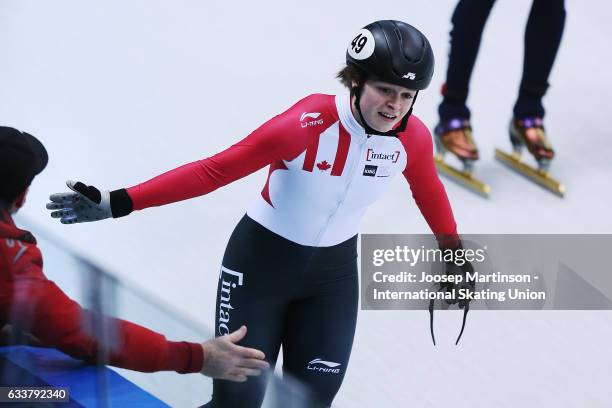 Kim Boutin of Canada reacts after competing in the Ladies 1500m final during day one of the ISU World Cup Short Track at EnergieVerbund Arena on...