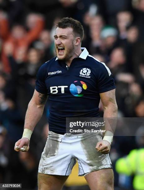 Scotland player Stuart Hogg celebrates on the final whistle during the RBS Six Nations match between Scotland and Ireland at Murrayfield Stadium on...