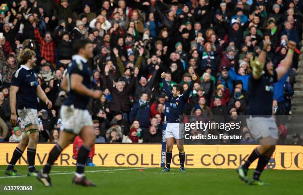 Scotland captain Greig Laidlaw celebrates on the final whistle during the RBS Six Nations match between Scotland and Ireland at Murrayfield Stadium...