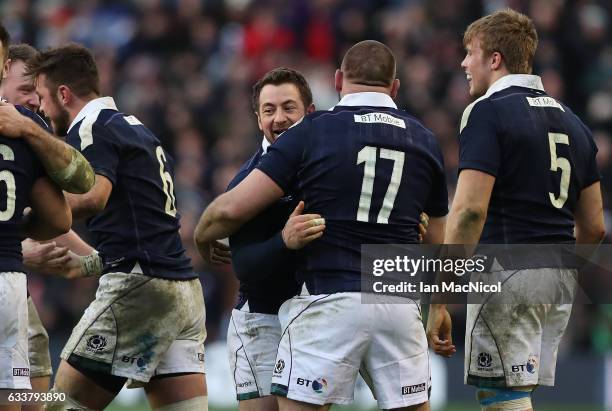 Greig Laidlaw of Scotland celebrates at full time during the RBS 6 Nations match between Scotland and Ireland at Murrayfield Stadium on February 4,...