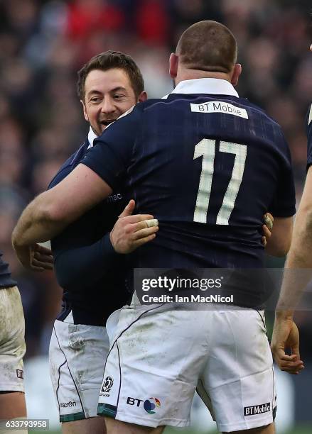 Greig Laidlaw of Scotland celebrates at full time during the RBS 6 Nations match between Scotland and Ireland at Murrayfield Stadium on February 4,...