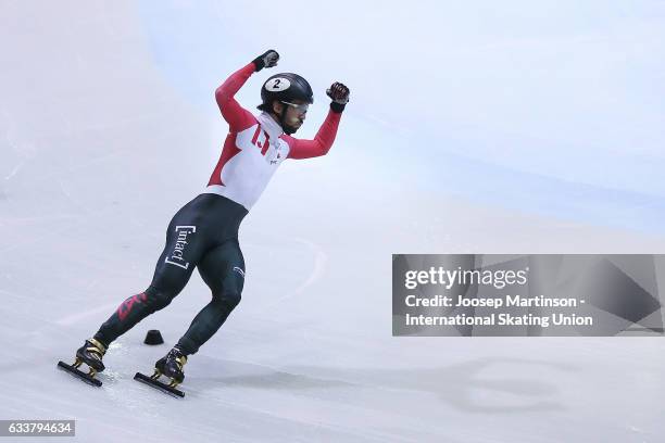 Charles Hamelin of Canada racts in the Men's 1500m final during day one of the ISU World Cup Short Track at EnergieVerbund Arena on February 4, 2017...