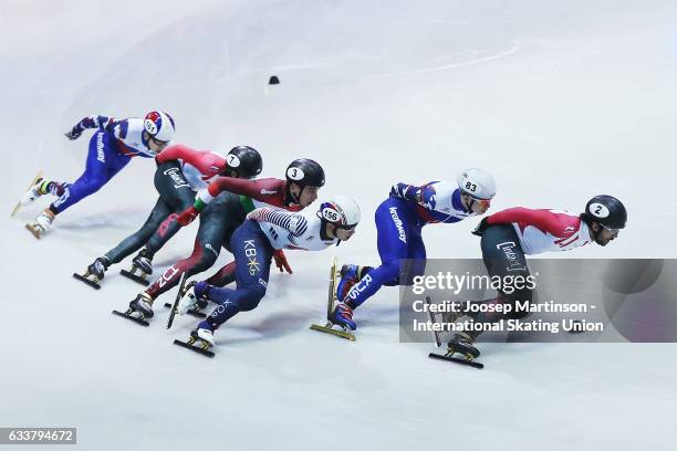 Charles Hamelin of Canada leads the pack in the Men's 1500m final during day one of the ISU World Cup Short Track at EnergieVerbund Arena on February...