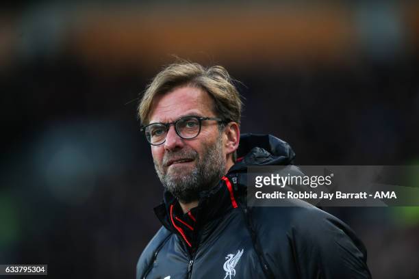Jurgen Klopp manager / head coach of Liverpool during the Premier League match between Hull City and Liverpool at KCOM Stadium on February 4, 2017 in...