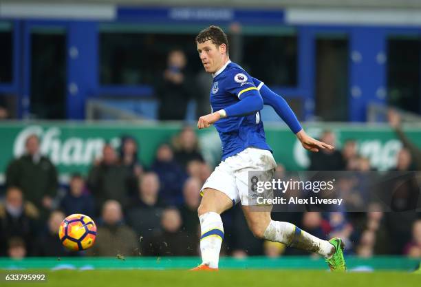 Ross Barkley of Everton scores his sides sixth goal during the Premier League match between Everton and AFC Bournemouth at Goodison Park on February...