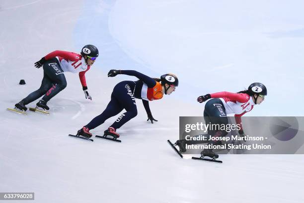 Marianne St-Gelais of Canada leads the pack in the Ladies 1000m final during day one of the ISU World Cup Short Track at EnergieVerbund Arena on...