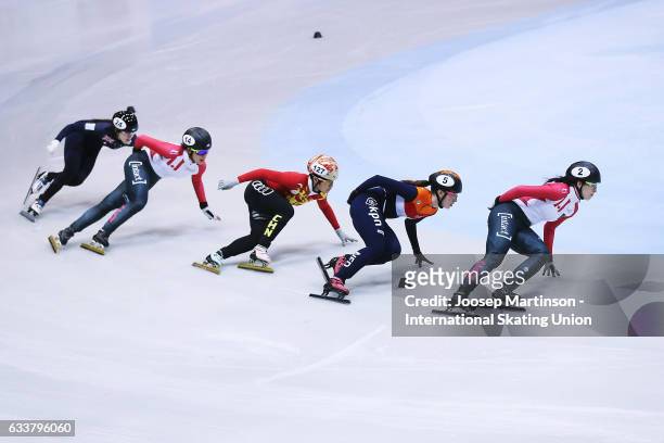 Marianne St-Gelais of Canada leads the pack in the Ladies 1000m final during day one of the ISU World Cup Short Track at EnergieVerbund Arena on...
