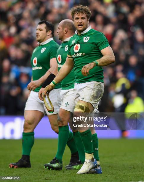Ireland player Jamie Heaslip reacts after the RBS Six Nations match between Scotland and Ireland at Murrayfield Stadium on February 4, 2017 in...