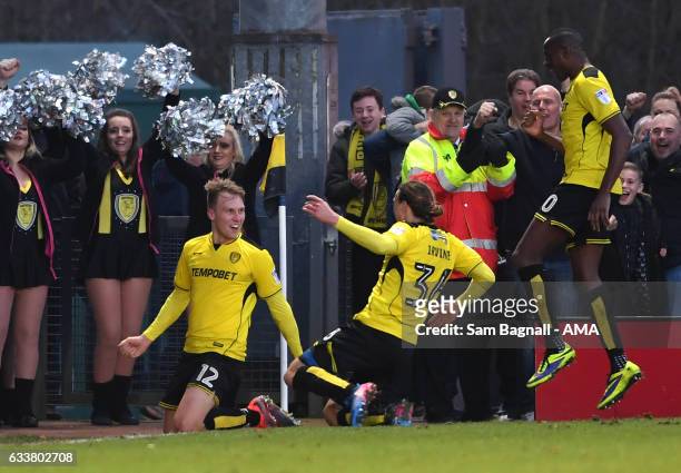 Cauley Woodrow of Burton Albion celebrates after scoring a goal to make it 2-1 during the Sky Bet Championship match between Burton Albion and...