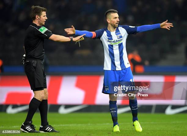 Referee Frank Willenborg and Vedad Ibisevic of Hertha BSC during the game between Hertha BSC and FC Ingolstadt 04 on February 4, 2017 in Berlin,...