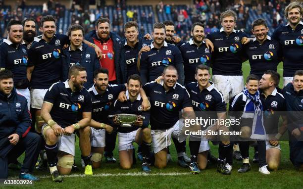 Scotland captain Greig Laidlaw and team mates celebrate after the RBS Six Nations match between Scotland and Ireland at Murrayfield Stadium on...