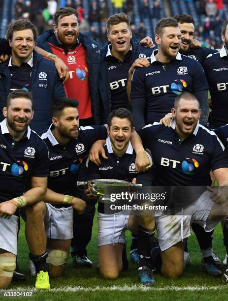 Scotland captain Greig Laidlaw and team mates celebrate after the RBS Six Nations match between Scotland and Ireland at Murrayfield Stadium on...