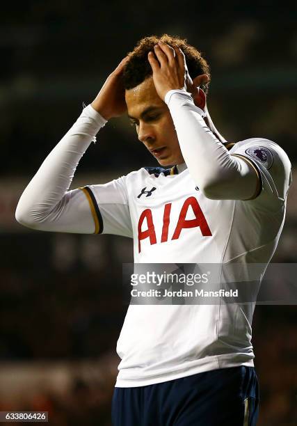 Dele Alli of Tottenham Hotspur reacts to a missed opportunity during the Premier League match between Tottenham Hotspur and Middlesbrough at White...