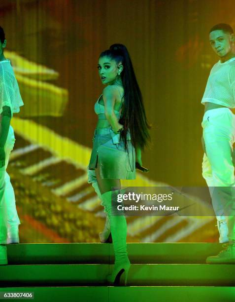 Ariana Grande performs on stage during the "Dangerous Woman" Tour Opener at Talking Stick Resort Arena on February 3, 2017 in Phoenix, Arizona.