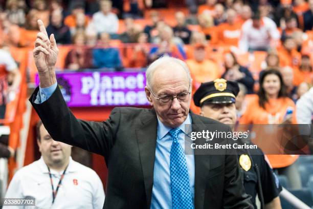 Head coach Jim Boeheim of the Syracuse Orange acknowledges the cheering crowd before the game against the Virginia Cavaliers on February 4, 2017 at...