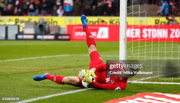 Goalkeeper Thomas Kessler of Cologne in action during the Bundesliga match between 1. FC Koeln and VfL Wolfsburg at RheinEnergieStadion on February...