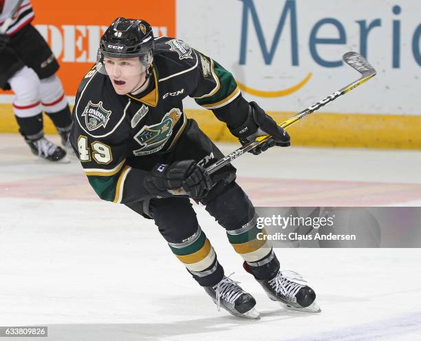 Max Jones of the London Knights skates against the Owen Sound Attack during an OHL game at Budweiser Gardens on February 3, 2017 in London, Ontario,...