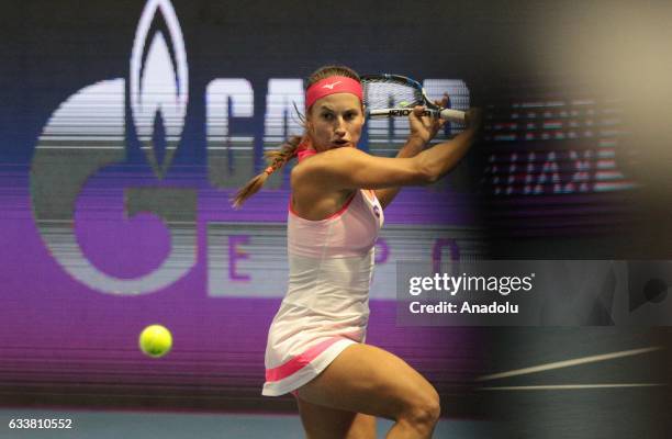 Yulia Putintseva of Kazakhstan reacts during her semi final match against Dominika Cibulkova of Slovakia at the St.Petersburg Ladies Trophy 2017...