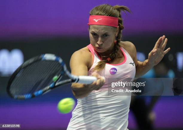 Yulia Putintseva of Kazakhstan returns a ball during her semi final match against Dominika Cibulkova of Slovakia at the St.Petersburg Ladies Trophy...