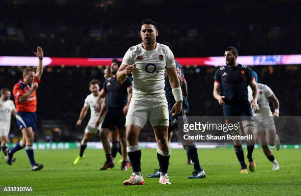 Ben Te'o of England celebrates scoring his side's first try during the RBS Six Nations match between England and France at Twickenham Stadium on...