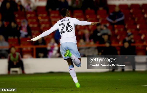 Jonathan Kodjia of Aston Villa celebrates scoring for Aston Villa during the Sky Bet Championship match between Nottingham Forest and Aston Villa at...