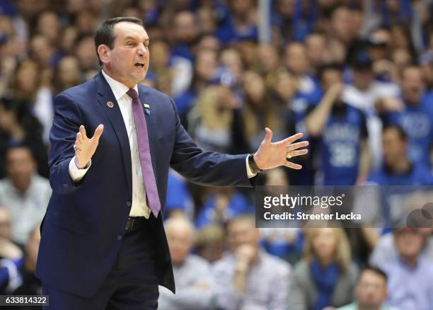 Head coach Mike Krzyzewski of the Duke Blue Devils reacts against the Pittsburgh Panthers during their game at Cameron Indoor Stadium on February 4,...