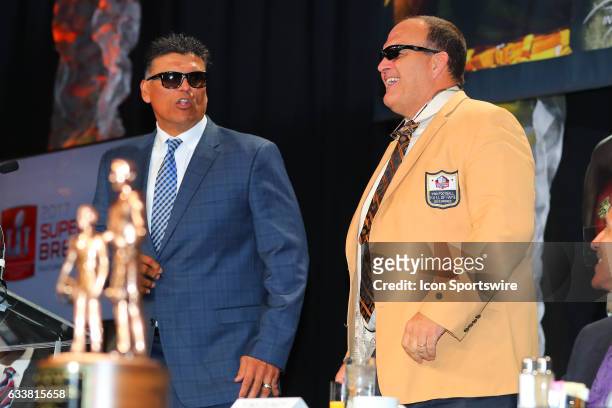 Hall of Famer's Bruce Matthews and Anthony Munoz during the Bart Starr Award Super Bowl Breakfast on February 04 at the Marriott Marquis in Houston,...