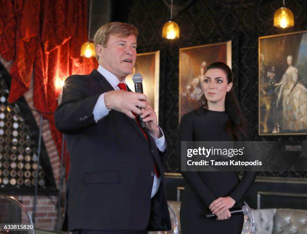 Sports agen/event host Leigh Steinberg and Nicole Fisher speak during attend the 30th Annual Leigh Steinberg Super Bowl Party on February 4, 2017 in...