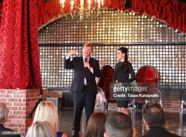 Sports agen/event host Leigh Steinberg and Nicole Fisher speak during attend the 30th Annual Leigh Steinberg Super Bowl Party on February 4, 2017 in...