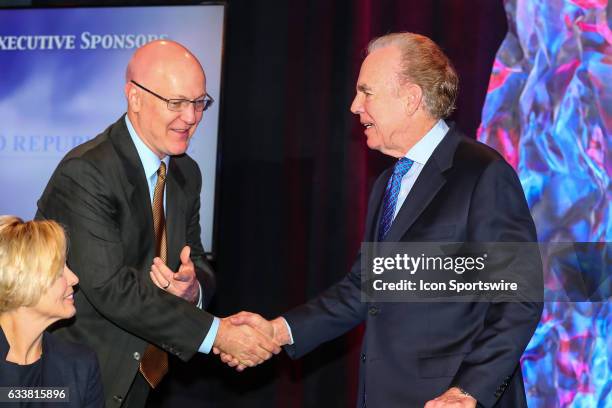 Roger Staubach and Bart Starr Jr. Speak during the Bart Starr Award Super Bowl Breakfast on February 04 at the Marriott Marquis in Houston, Texas.