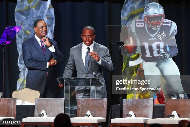 New England Patriots wide receiver Matthew Slater recipient of the 2017 Bart Starr Award speaks during the Bart Starr Award Super Bowl Breakfast on...