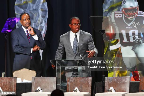 New England Patriots wide receiver Matthew Slater recipient of the 2017 Bart Starr Award speaks during the Bart Starr Award Super Bowl Breakfast on...